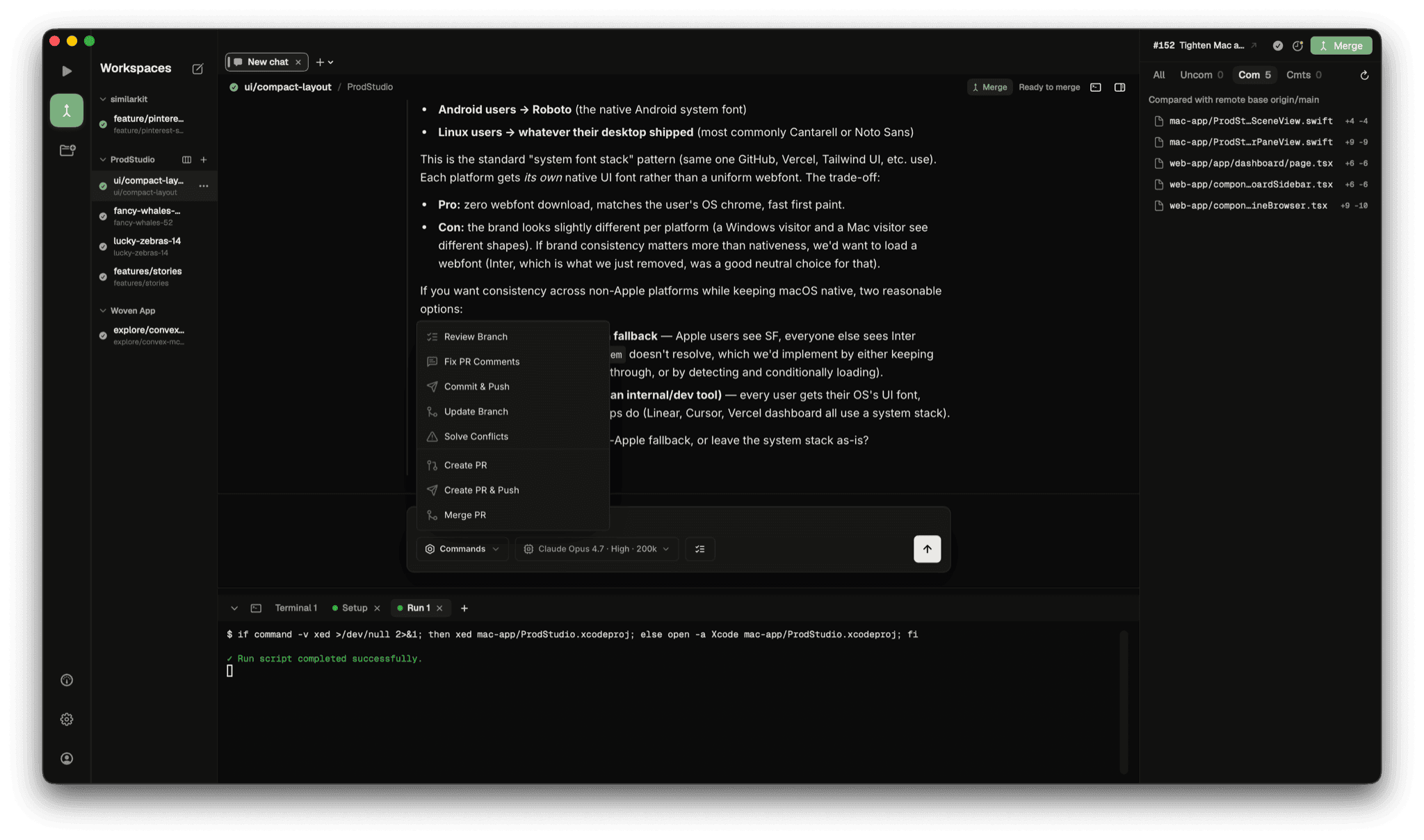 ProdStudio app showing a workspace with branches, a chat thread, and a terminal panel
